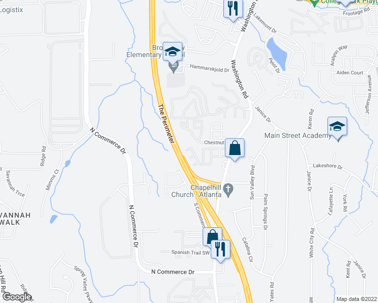 map of restaurants, bars, coffee shops, grocery stores, and more near 4110 Stone Trace Drive in East Point