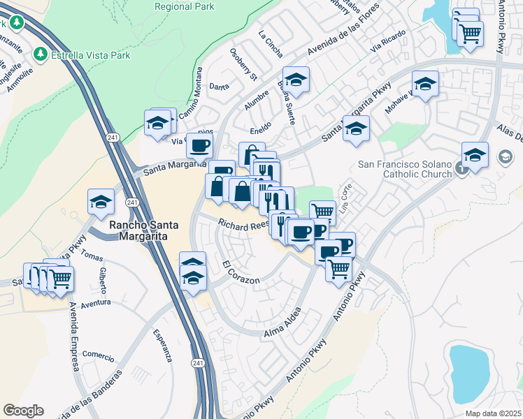 map of restaurants, bars, coffee shops, grocery stores, and more near 190 El Portal in Rancho Santa Margarita