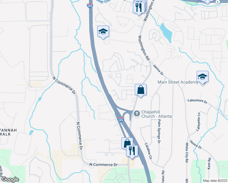 map of restaurants, bars, coffee shops, grocery stores, and more near 4120 Stone Trace Drive in East Point