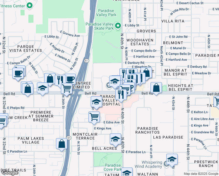 map of restaurants, bars, coffee shops, grocery stores, and more near 3950 East Bell Road in Phoenix