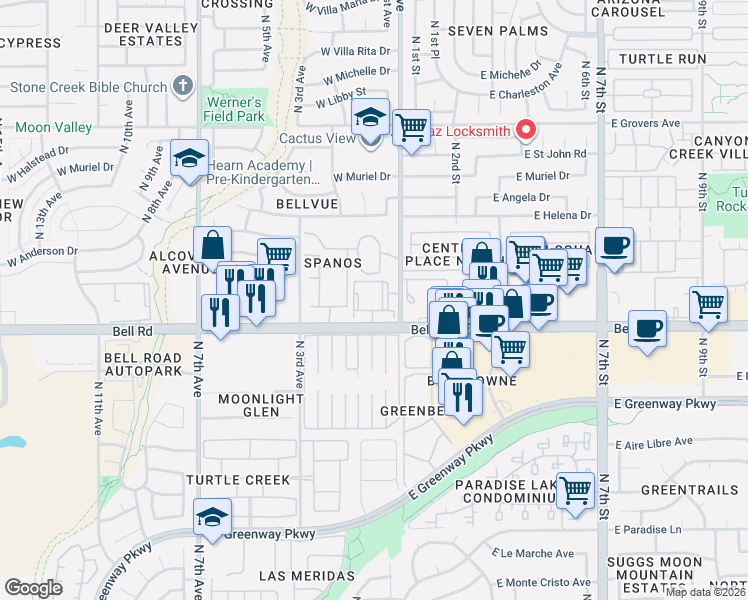 map of restaurants, bars, coffee shops, grocery stores, and more near 110 West Bell Road in Phoenix