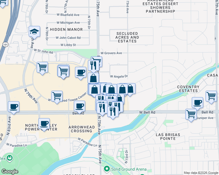 map of restaurants, bars, coffee shops, grocery stores, and more near 17235 North 75th Avenue in Glendale