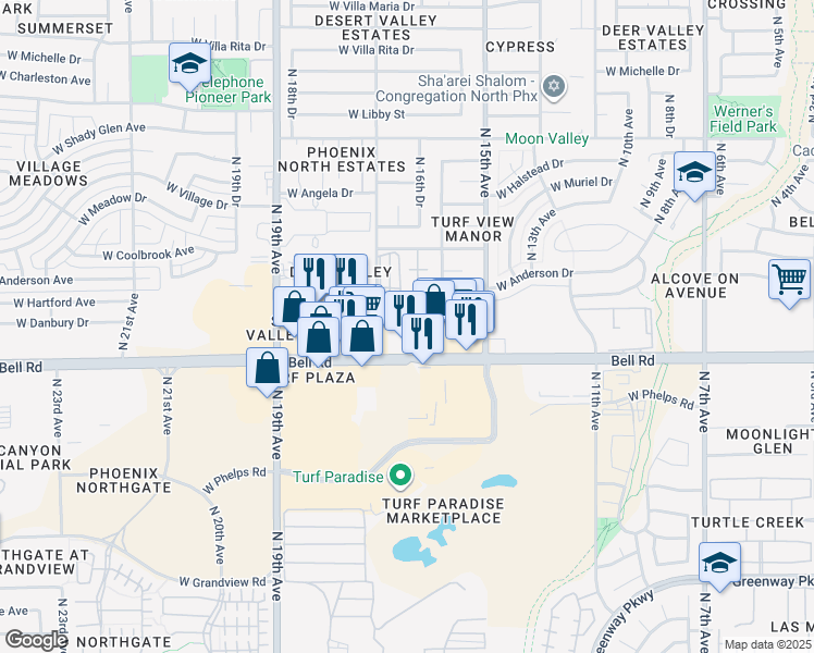 map of restaurants, bars, coffee shops, grocery stores, and more near 1660 West Bell Road in Phoenix
