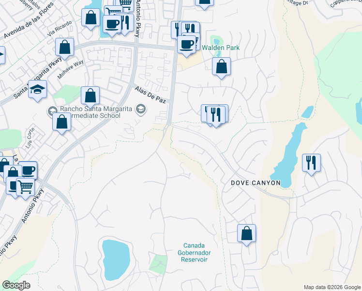 map of restaurants, bars, coffee shops, grocery stores, and more near 2 Summitcrest in Rancho Santa Margarita