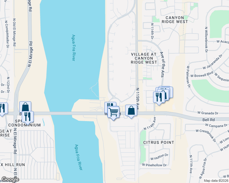 map of restaurants, bars, coffee shops, grocery stores, and more near 11673 North Lakeview Court in Surprise