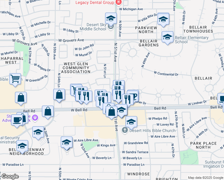 map of restaurants, bars, coffee shops, grocery stores, and more near 17188 North 51st Drive in Glendale