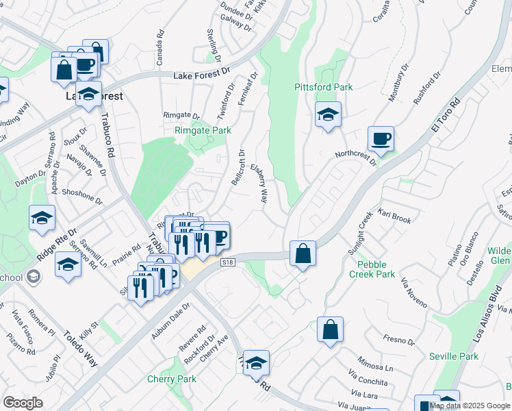 map of restaurants, bars, coffee shops, grocery stores, and more near 25931 Windsong in Lake Forest