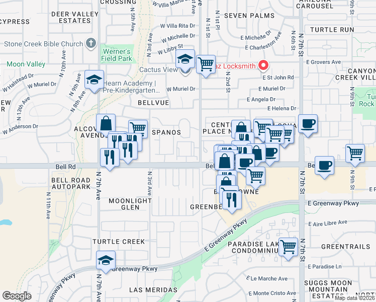 map of restaurants, bars, coffee shops, grocery stores, and more near 110 West Bell Road in Phoenix