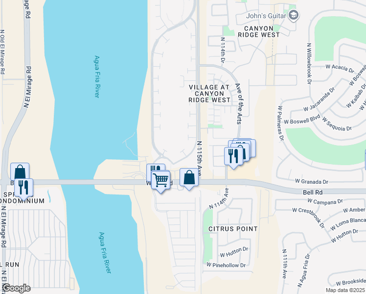 map of restaurants, bars, coffee shops, grocery stores, and more near 11564 West Mule Deer Court in Surprise