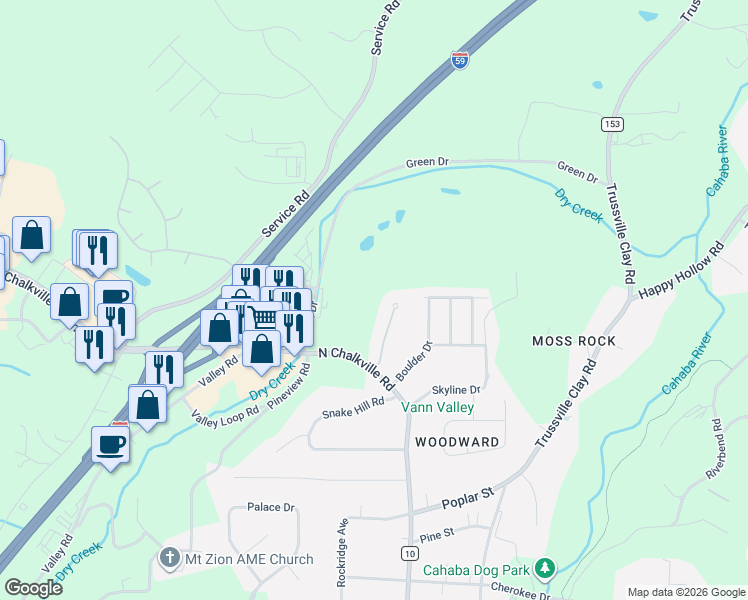 map of restaurants, bars, coffee shops, grocery stores, and more near 102 Woodland Circle in Trussville