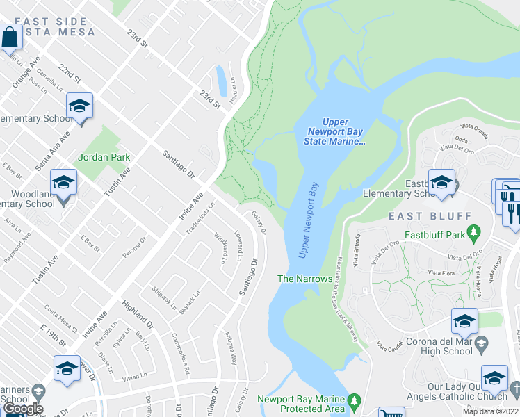map of restaurants, bars, coffee shops, grocery stores, and more near 2018 Galaxy Drive in Newport Beach