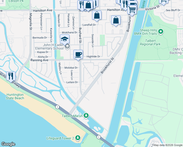 map of restaurants, bars, coffee shops, grocery stores, and more near 22071 Rockport Lane in Huntington Beach