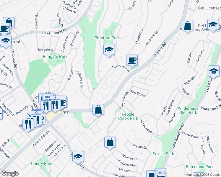 map of restaurants, bars, coffee shops, grocery stores, and more near 22175 Summit Hill Drive in Lake Forest