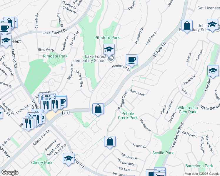 map of restaurants, bars, coffee shops, grocery stores, and more near 22175 Summit Hill Drive in Lake Forest
