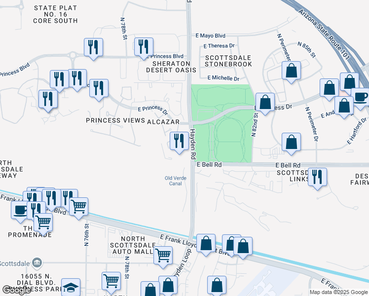 map of restaurants, bars, coffee shops, grocery stores, and more near 7979 East Princess Drive in Scottsdale