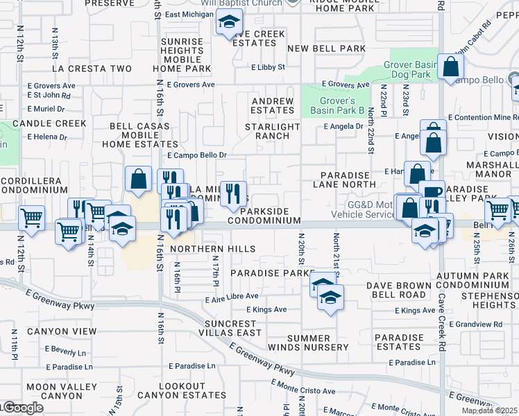 map of restaurants, bars, coffee shops, grocery stores, and more near 1920 East Bell Road in Phoenix