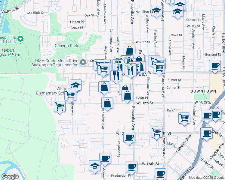 map of restaurants, bars, coffee shops, grocery stores, and more near 868 Towne Street in Costa Mesa