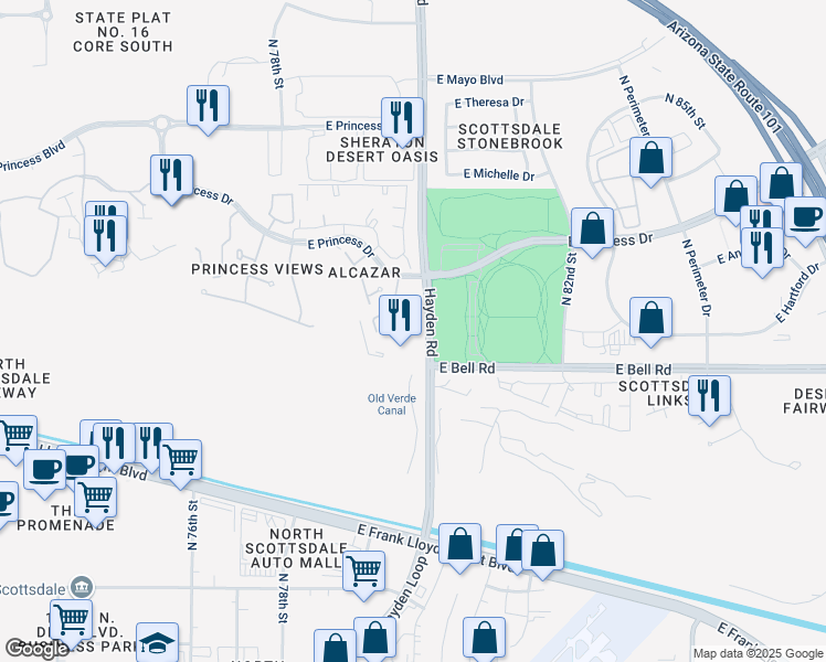 map of restaurants, bars, coffee shops, grocery stores, and more near 7979 East Princess Drive in Scottsdale