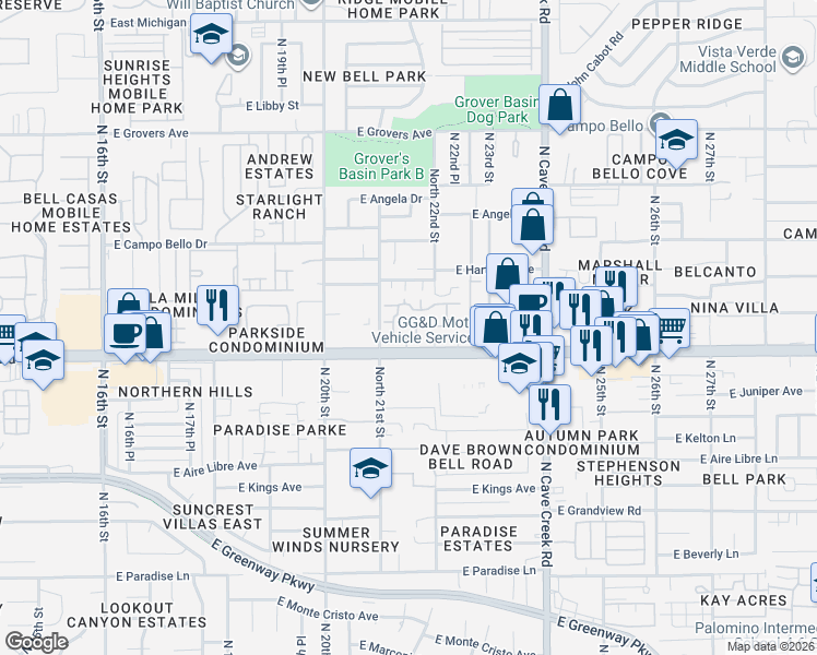 map of restaurants, bars, coffee shops, grocery stores, and more near 2150 East Bell Road in Phoenix