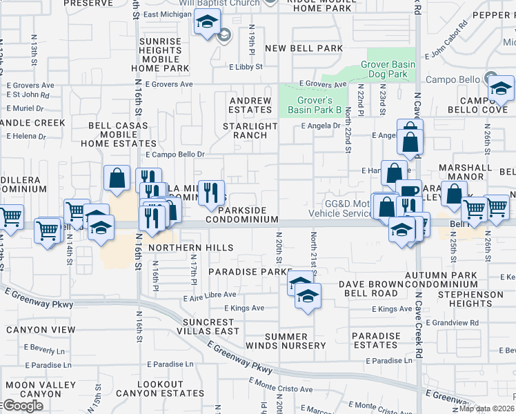 map of restaurants, bars, coffee shops, grocery stores, and more near 1920 East Bell Road in Phoenix