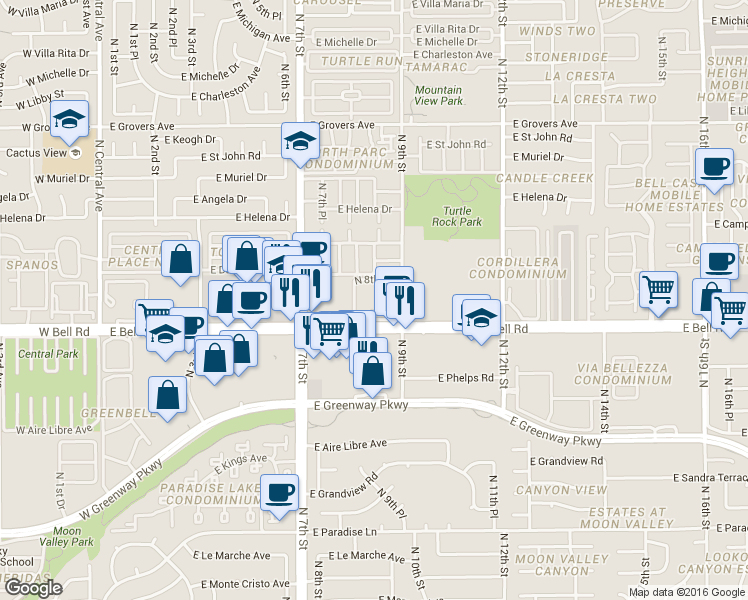 map of restaurants, bars, coffee shops, grocery stores, and more near 844 East Bell Road in Phoenix