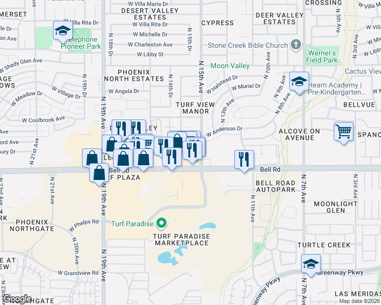 map of restaurants, bars, coffee shops, grocery stores, and more near 17209 North 15th Drive in Phoenix
