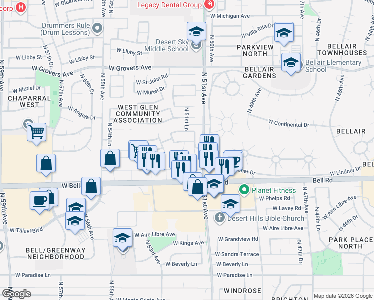 map of restaurants, bars, coffee shops, grocery stores, and more near 5182 West Hartford Avenue in Glendale