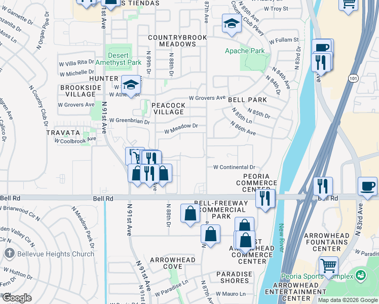 map of restaurants, bars, coffee shops, grocery stores, and more near 17300 North 88th Avenue in Peoria