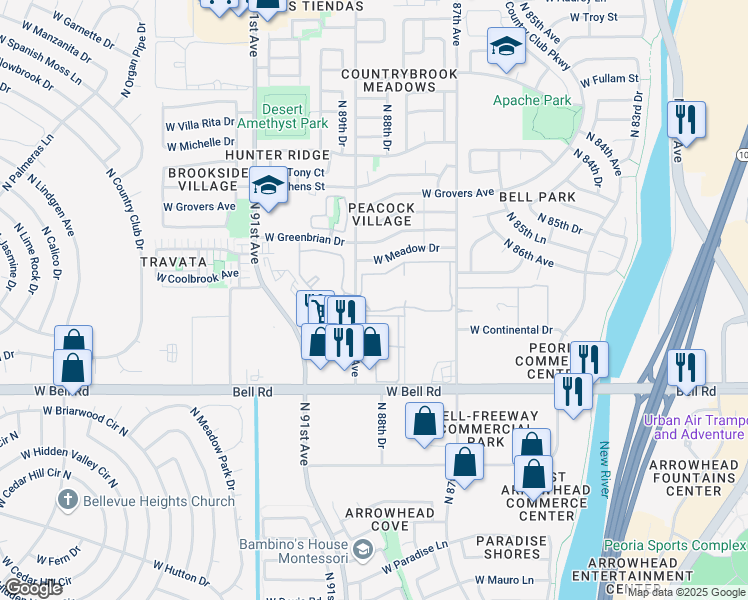 map of restaurants, bars, coffee shops, grocery stores, and more near 8841 West Meadow Drive in Peoria