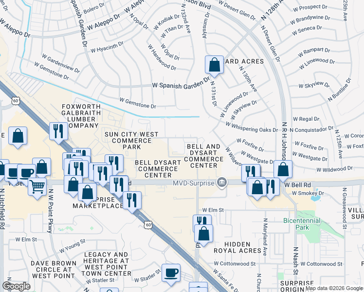 map of restaurants, bars, coffee shops, grocery stores, and more near 17164-17166 North Dysart Road in Surprise