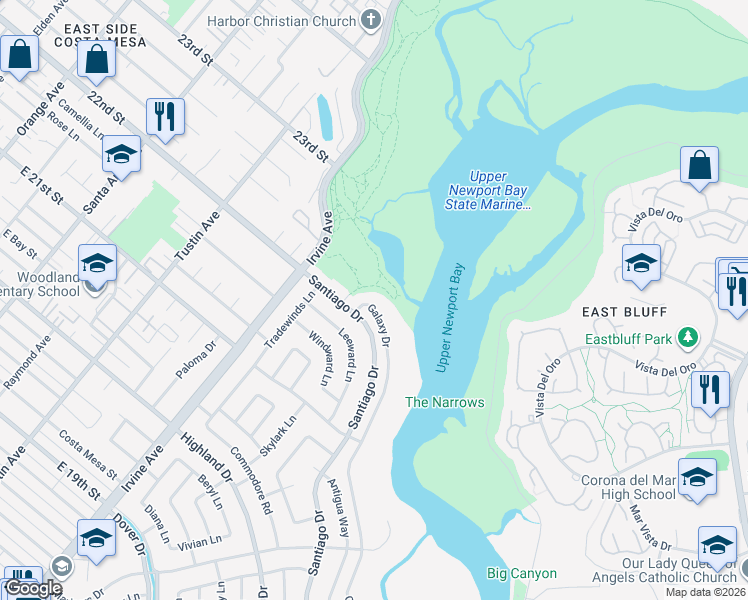 map of restaurants, bars, coffee shops, grocery stores, and more near 2018 Galaxy Drive in Newport Beach