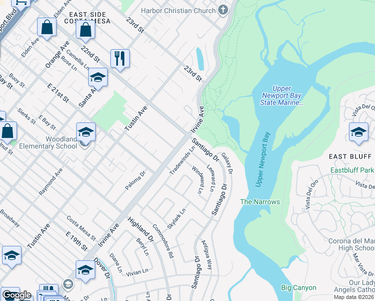 map of restaurants, bars, coffee shops, grocery stores, and more near 1921 Irvine Avenue in Newport Beach