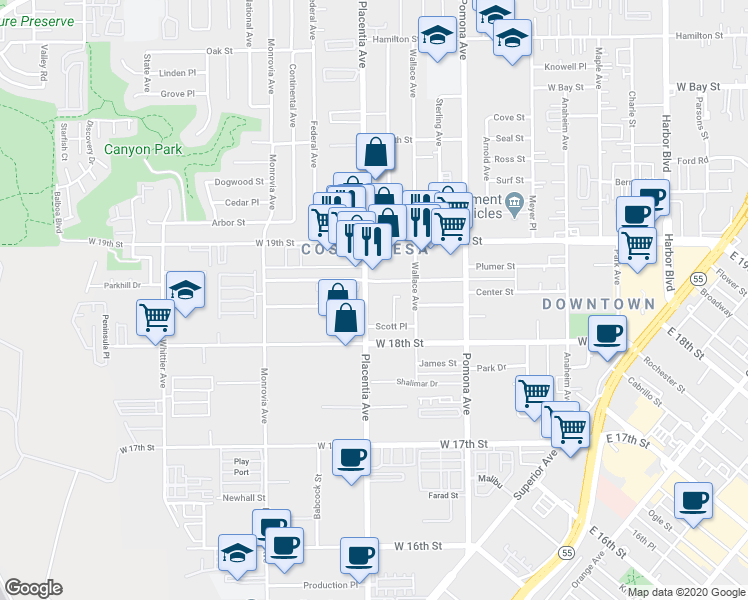 map of restaurants, bars, coffee shops, grocery stores, and more near 1862 Placentia Avenue in Costa Mesa
