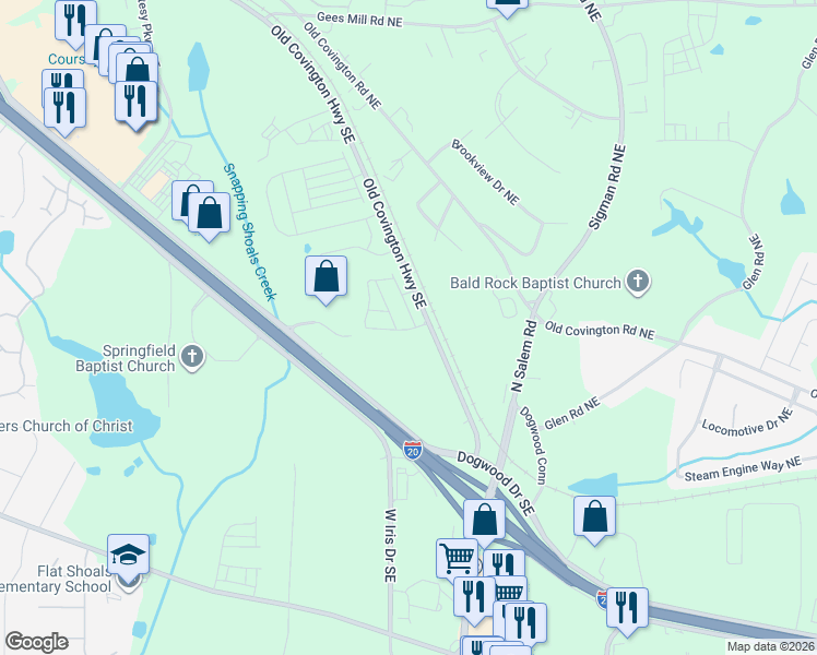 map of restaurants, bars, coffee shops, grocery stores, and more near 1971-1997 Old Covington Highway Southeast in Conyers