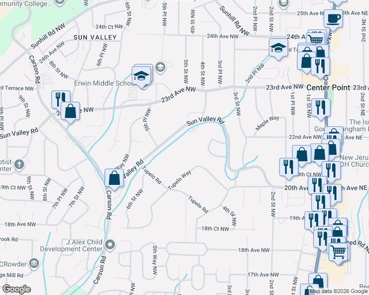 map of restaurants, bars, coffee shops, grocery stores, and more near 425 Sun Valley Road in Center Point