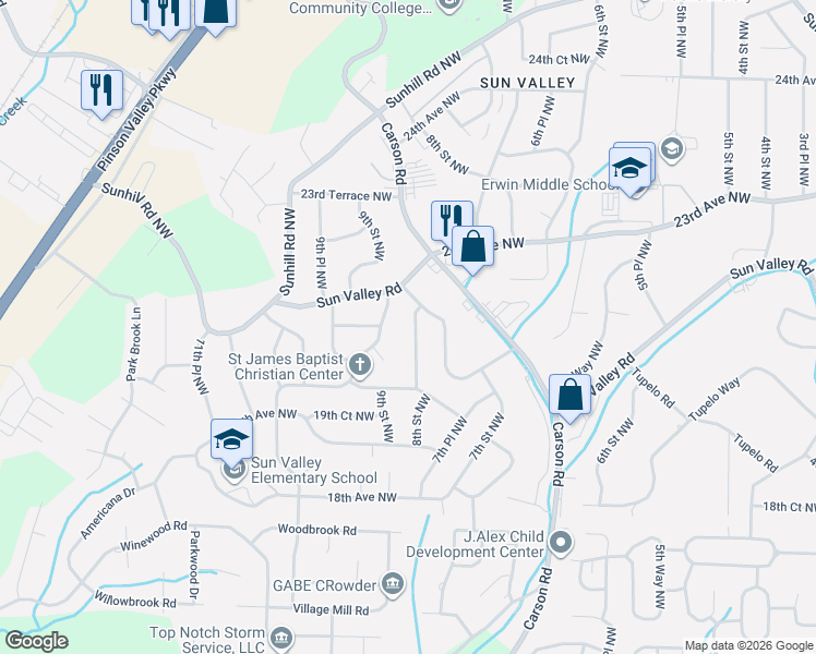 map of restaurants, bars, coffee shops, grocery stores, and more near 2113 9th Street Northwest in Center Point