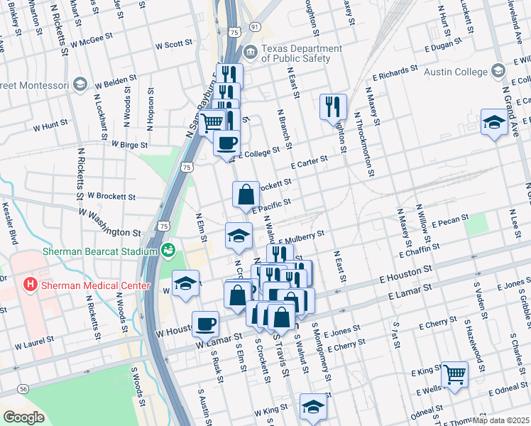 map of restaurants, bars, coffee shops, grocery stores, and more near 608 North Montgomery Street in Sherman