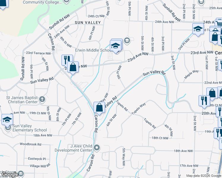 map of restaurants, bars, coffee shops, grocery stores, and more near 2121 5th Way Northwest in Center Point