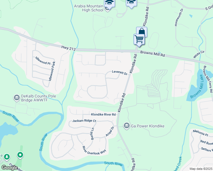map of restaurants, bars, coffee shops, grocery stores, and more near 6297 Leverett Drive in Lithonia