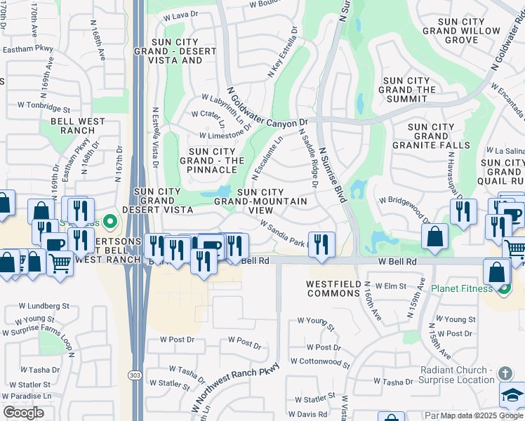 map of restaurants, bars, coffee shops, grocery stores, and more near 16257 West Copper Point Lane in Surprise