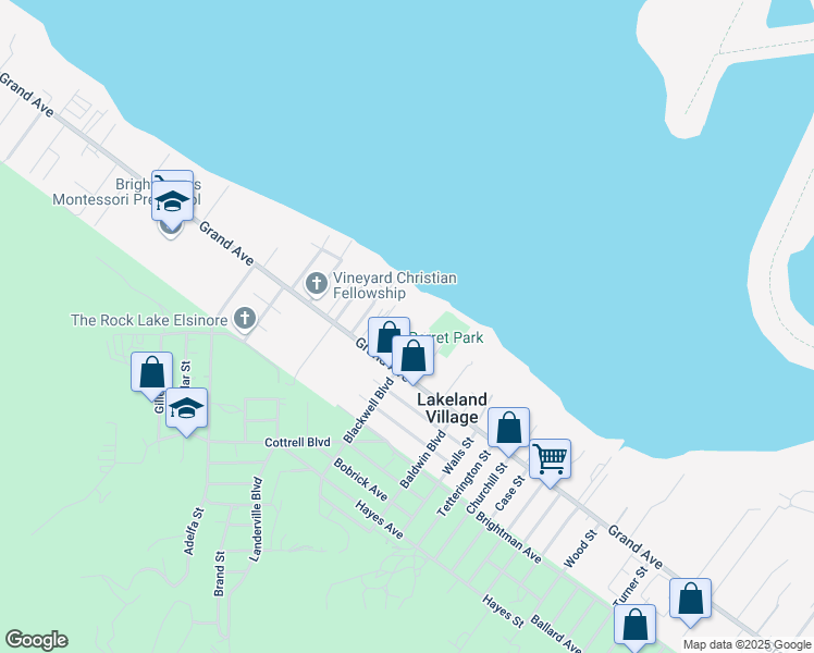 map of restaurants, bars, coffee shops, grocery stores, and more near 17572 Grand Avenue in Lake Elsinore