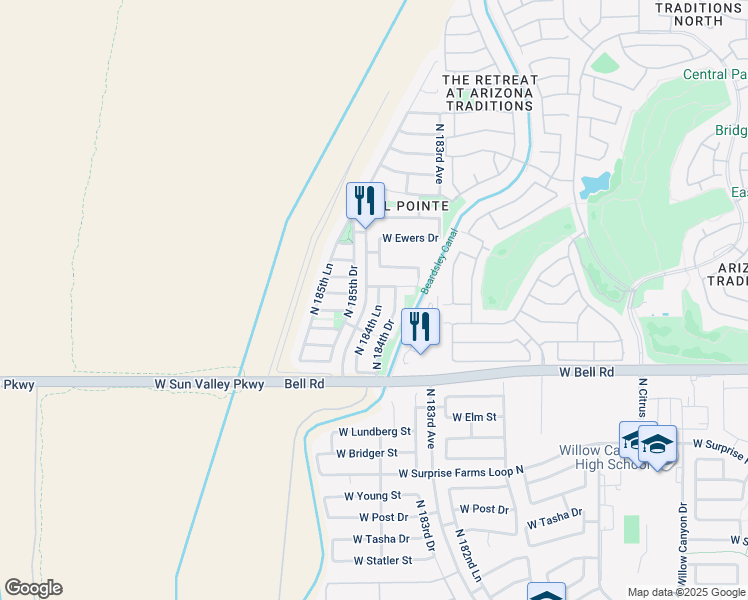 map of restaurants, bars, coffee shops, grocery stores, and more near 17250 North 184th Lane in Surprise