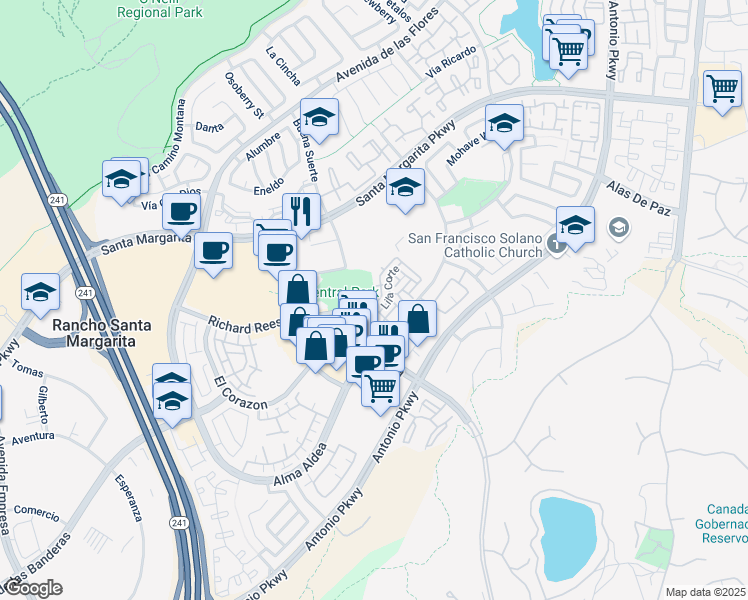 map of restaurants, bars, coffee shops, grocery stores, and more near 21 Paseo Brezo in Rancho Santa Margarita