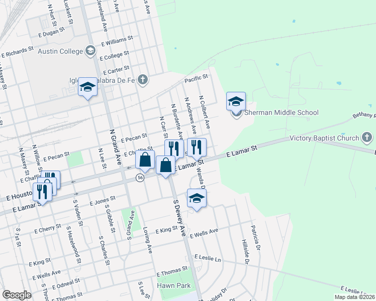 map of restaurants, bars, coffee shops, grocery stores, and more near 120 North Andrews Avenue in Sherman
