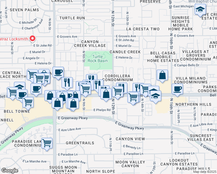 map of restaurants, bars, coffee shops, grocery stores, and more near 1100 East Bell Road in Phoenix