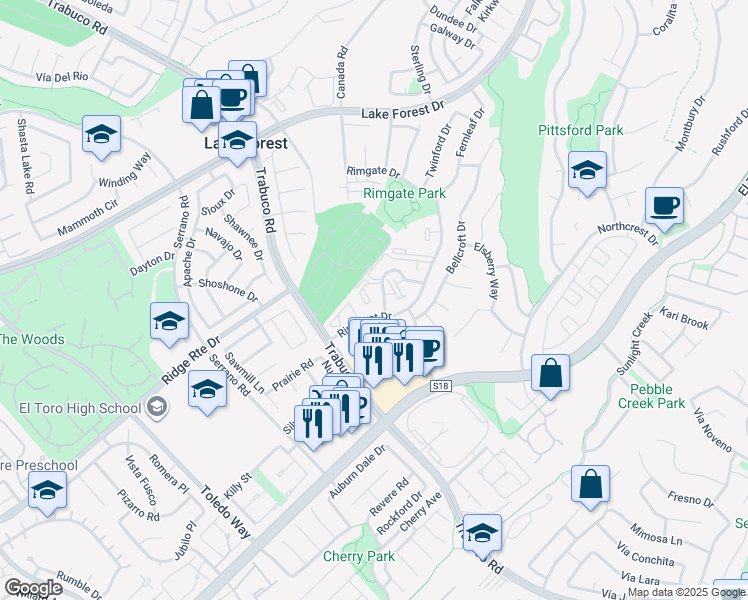 map of restaurants, bars, coffee shops, grocery stores, and more near 25671 Le Parc in Lake Forest