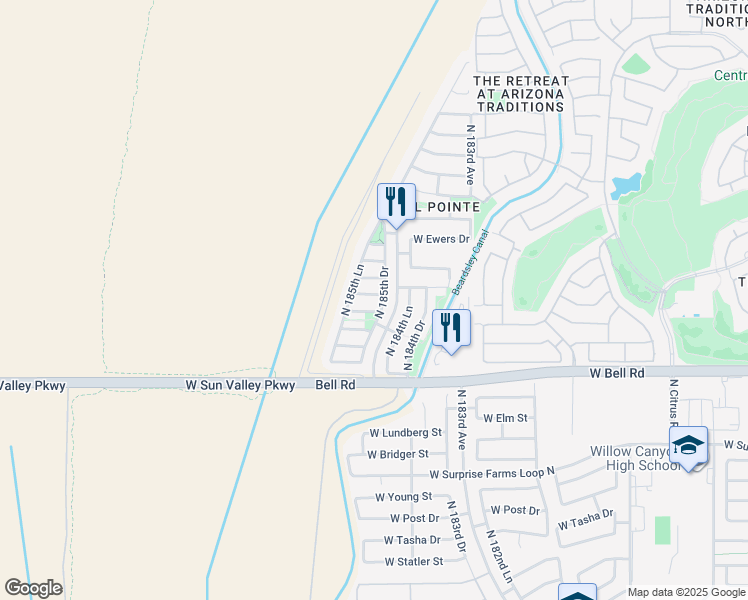 map of restaurants, bars, coffee shops, grocery stores, and more near 17325 North 185th Drive in Surprise