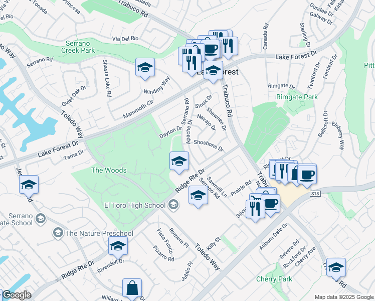 map of restaurants, bars, coffee shops, grocery stores, and more near 22121 Apache Drive in Lake Forest