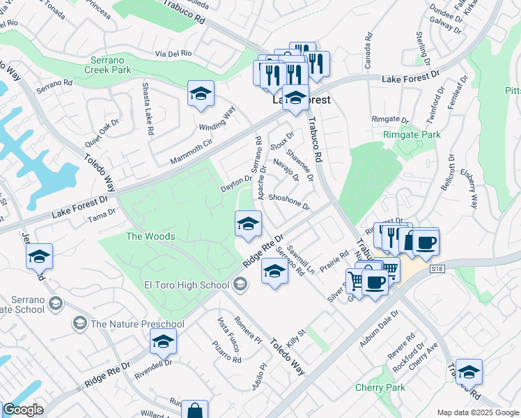 map of restaurants, bars, coffee shops, grocery stores, and more near 22121 Apache Drive in Lake Forest