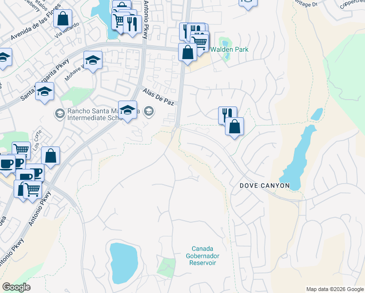 map of restaurants, bars, coffee shops, grocery stores, and more near 2 Summitcrest in Rancho Santa Margarita